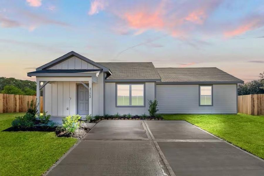 Front exterior of a new home in The Courtyards at Stokesbury, Waller, TX, highlighting curb appeal (Image 1).