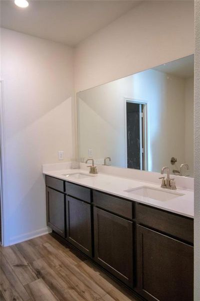 Bathroom with double vanity, wood finished floors, and recessed lighting