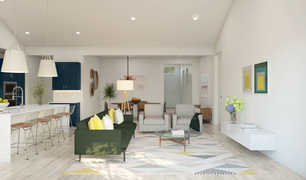 Great room with vaulted ceiling and luxurious flooring