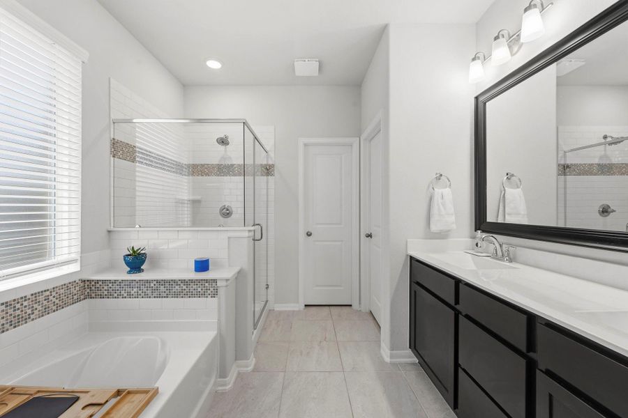 Refresh and recharge in this beautifully designed primary bath featuring dual vanities, soaking tub, and oversized shower. Refresh and recharge in this beautifully designed primary bath featuring dual vanities, soaking tub, and oversized shower.