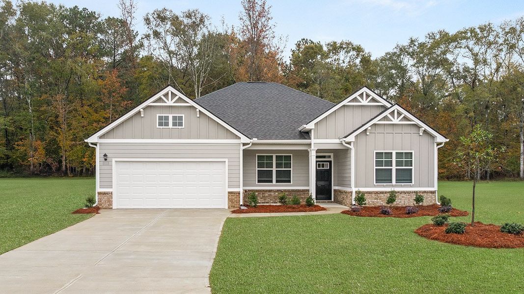 Representative exterior photo of a completed home built from the GROVER Express by D.R. Horton in Kingston Ranch at Lake Oconee, Buckhead, GA (Image 2). Representative exterior photo of a completed home built from the GROVER Express by D.R. Horton in Kingston Ranch at Lake Oconee, Buckhead, GA (Image 2).