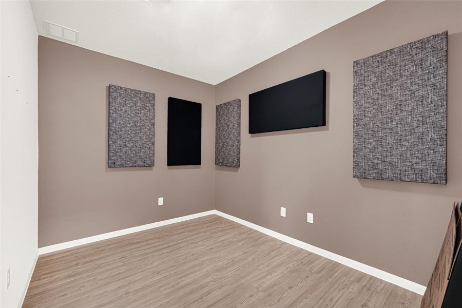 Multi-purpose media room or secondary living area with styled accent wall panels.