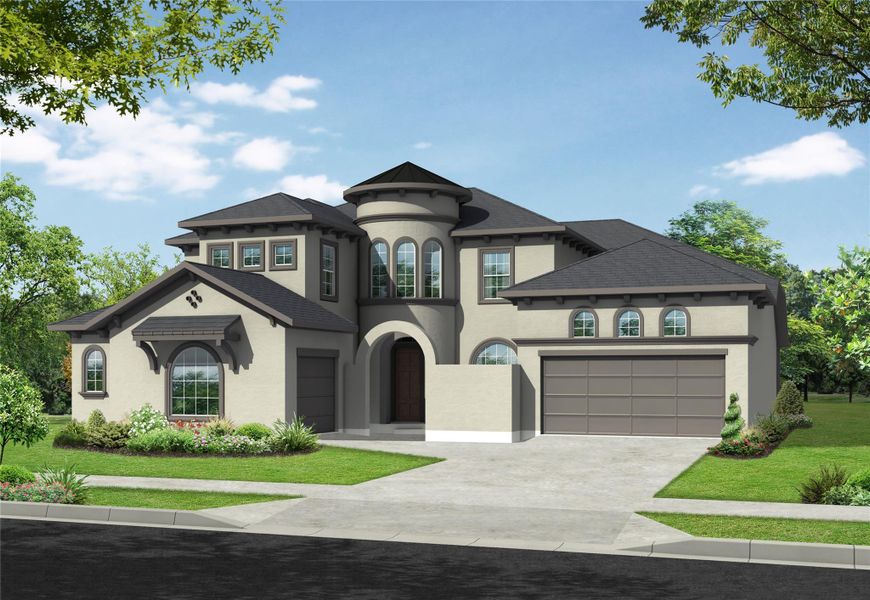 Front exterior of a new home in Elyson 45' & 70', Katy, TX, highlighting curb appeal (Image 1). Front exterior of a new home in Elyson 45' & 70', Katy, TX, highlighting curb appeal (Image 1).