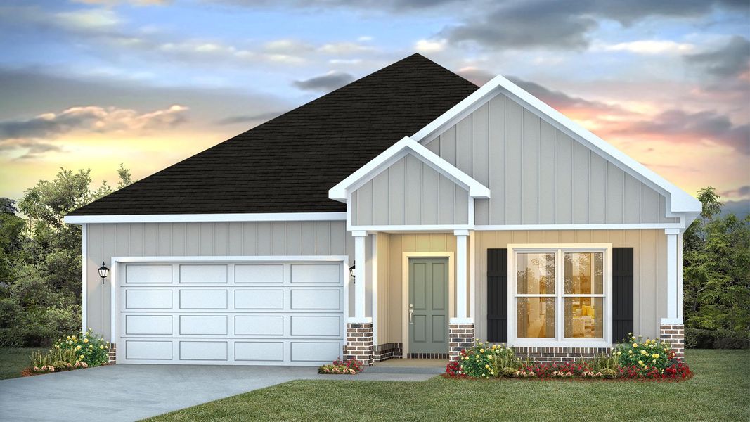 Front exterior of a new home in Holley Grove at Peach Creek, Santa Rosa Beach, FL, highlighting curb appeal (Image 1). Front exterior of a new home in Holley Grove at Peach Creek, Santa Rosa Beach, FL, highlighting curb appeal (Image 1).