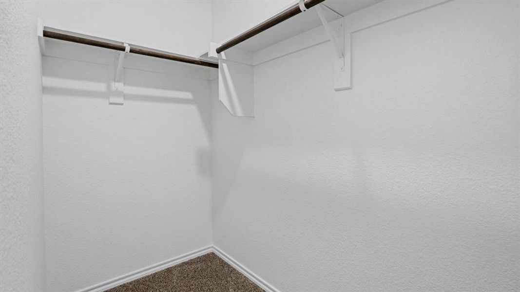 Corner closet with two hanging rods, shelving, textured white walls, and carpet flooring