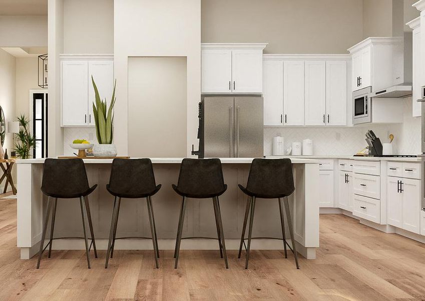 Rendering of the Mantle's open floor plan
  kitchen, with a large island accommodating 4 counter stools. Quartz
  countertops, herringbone tile backsplash, stainless steel KitchenAid
  appliances and white cabinets finish the look.