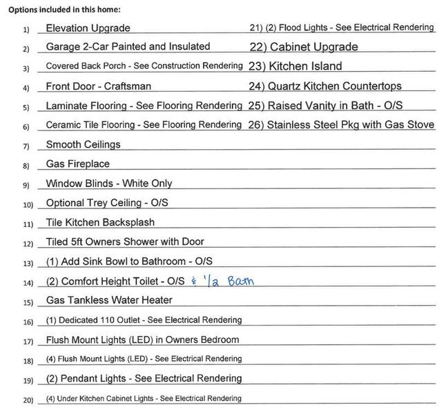 Construction selections for lot 246 in Salem Landing Construction selections for lot 246 in Salem Landing