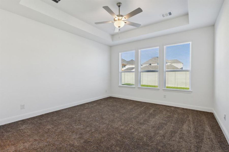 Carpeted spare room with a raised ceiling and ceiling fan