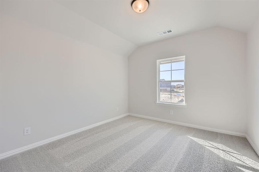 Carpeted empty room featuring lofted ceiling