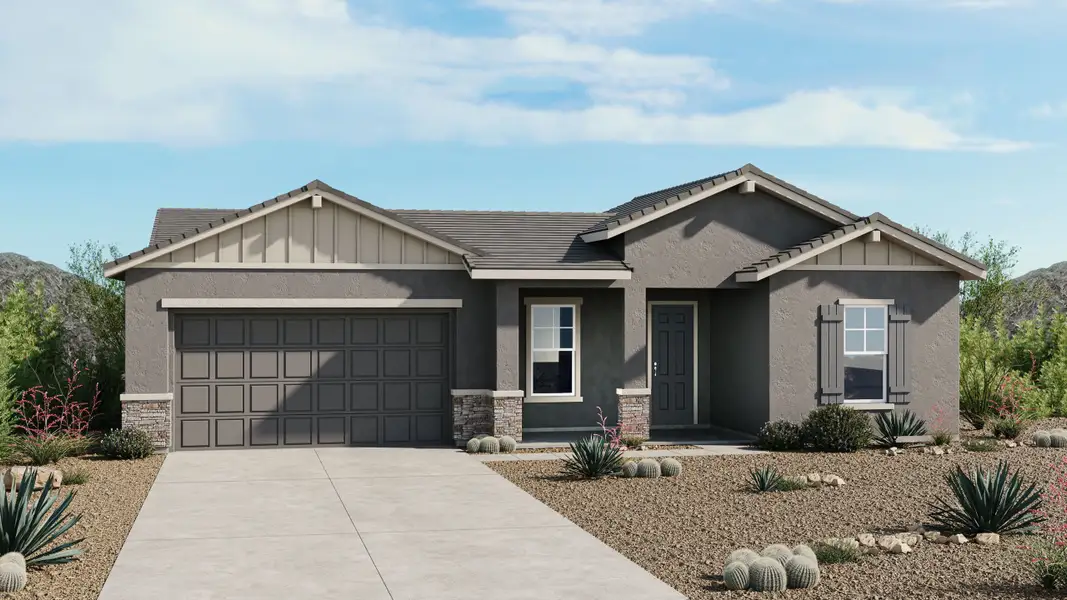 Front exterior of a new home in Ladera Trails, Queen Creek, AZ, highlighting curb appeal (Image 1). Front exterior of a new home in Ladera Trails, Queen Creek, AZ, highlighting curb appeal (Image 1).