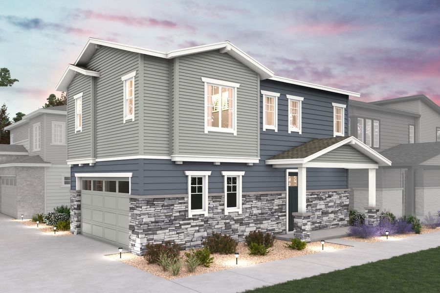 Front exterior of a new home in The Contemporary Collection at Windler, Aurora, CO, highlighting curb appeal (Image 1). Front exterior of a new home in The Contemporary Collection at Windler, Aurora, CO, highlighting curb appeal (Image 1).