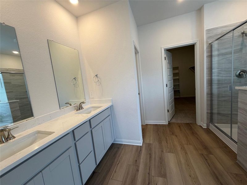 Full bath featuring a shower stall, light wood-type flooring, double vanity, and a walk in closet