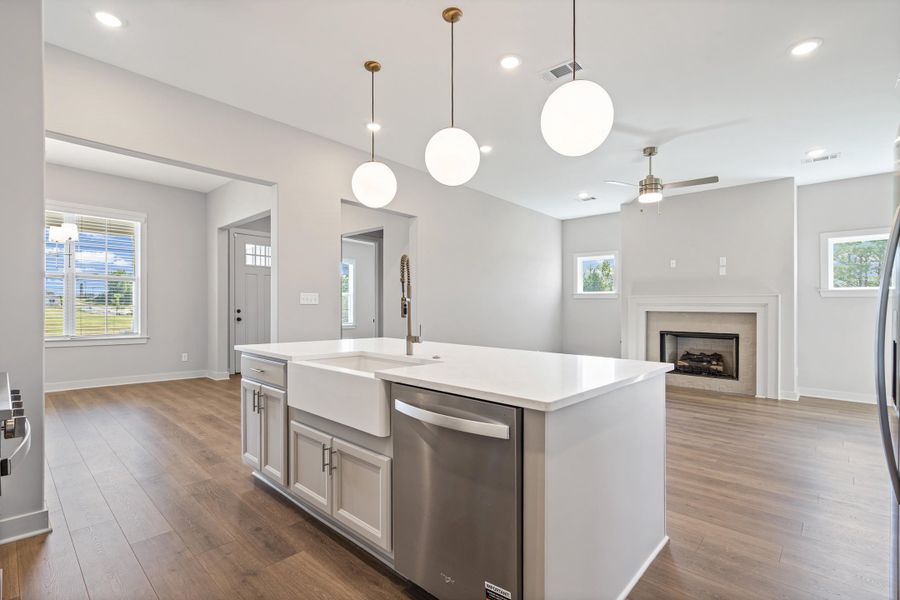 Open-concept living space with wood-finish flooring, a central island featuring a farmhouse sink, integrated dishwasher, and pendant lighting