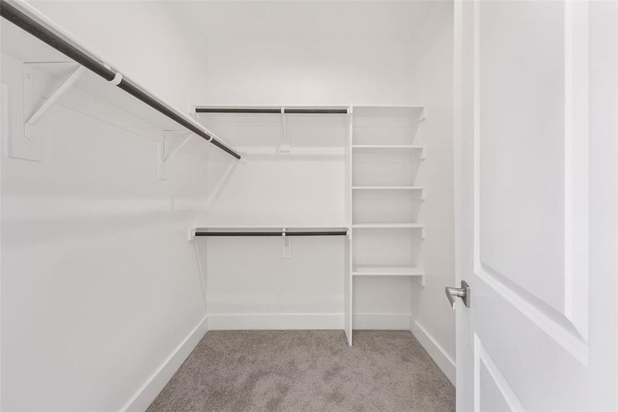 Spacious closet with light carpet