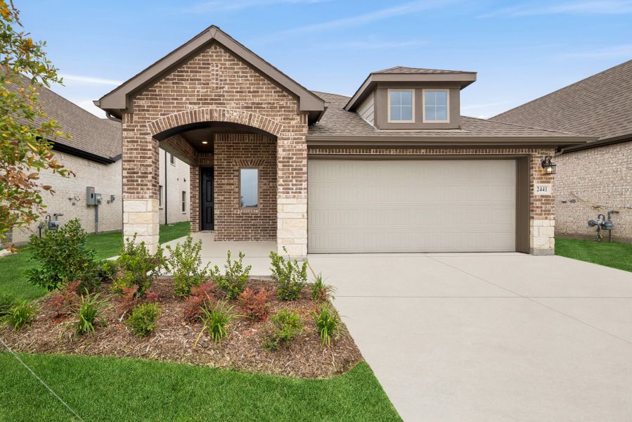 Front exterior of a new home in Creekshaw – Gardens, Royse City, TX, highlighting curb appeal (Image 1). Front exterior of a new home in Creekshaw – Gardens, Royse City, TX, highlighting curb appeal (Image 1).