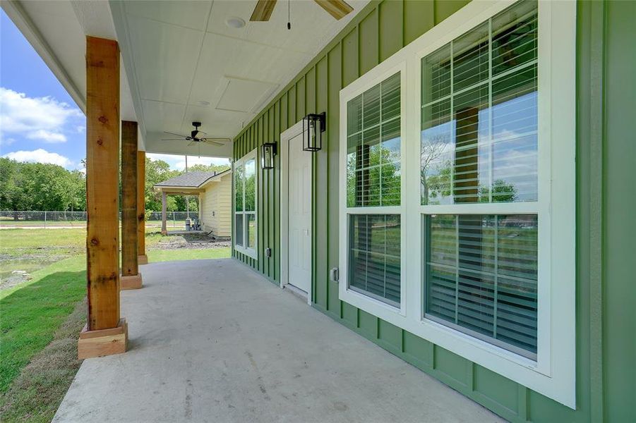 View of patio / terrace featuring covered porch and ceiling fan