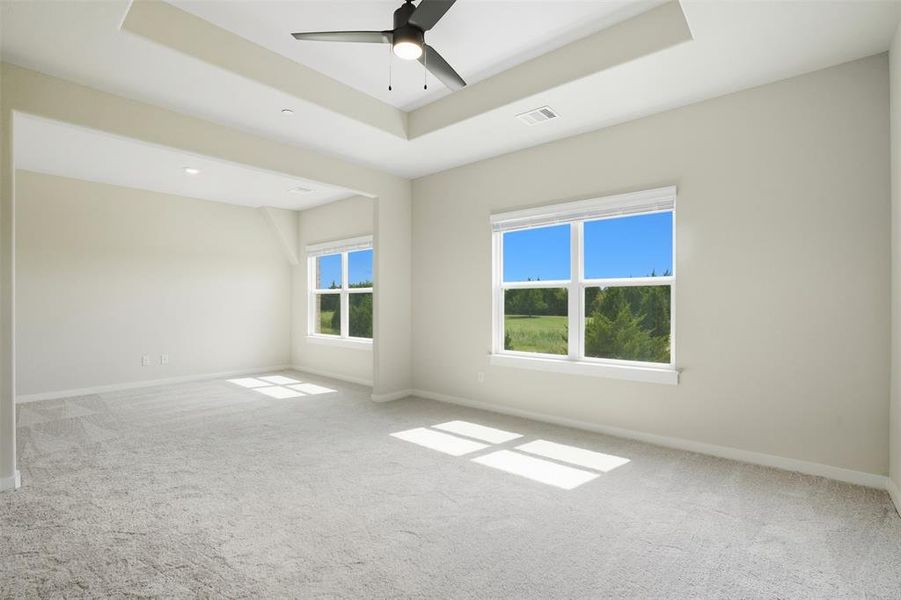 Unfurnished room with a raised ceiling, light colored carpet, and a ceiling fan Unfurnished room with a raised ceiling, light colored carpet, and a ceiling fan