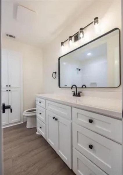 Bathroom featuring vanity and dark wood-style flooring