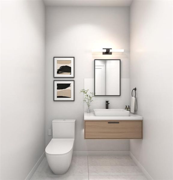 Half bath with vanity and light tile patterned floors