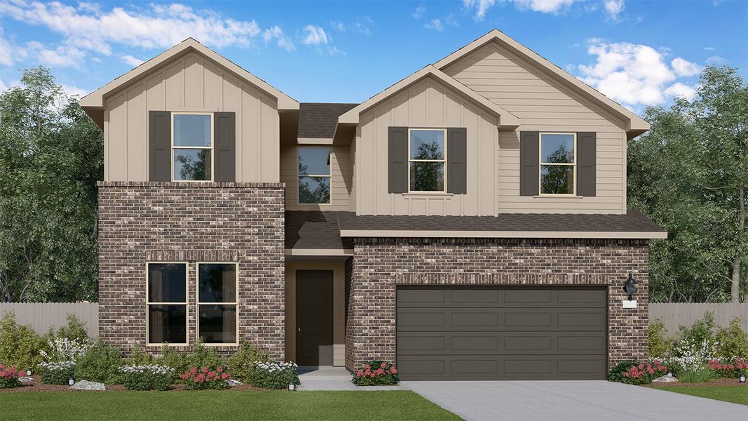 Representative exterior photo of a completed home built from the Kennedy by New Home Co. in The Residences Collection at Oakberry Trails, Waller, TX (Image 2). Representative exterior photo of a completed home built from the Kennedy by New Home Co. in The Residences Collection at Oakberry Trails, Waller, TX (Image 2).