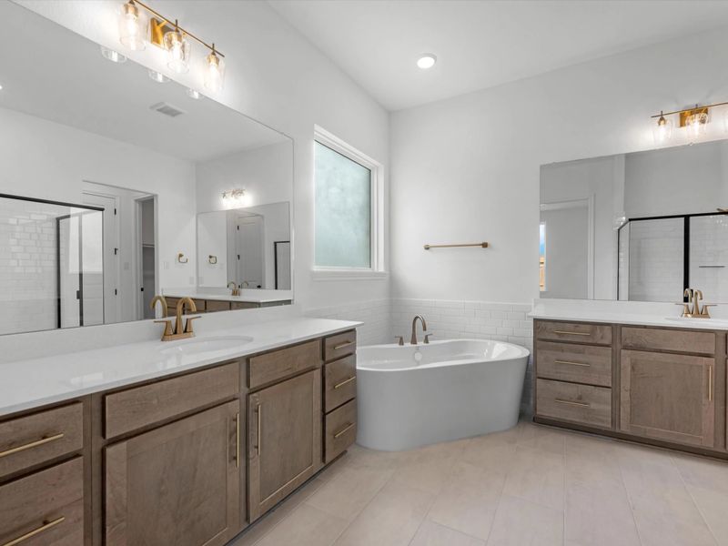 Primary bathroom. Sample product photo. Actual exterior and interior selections may vary by homesite. Photo may be virtually staged. Primary bathroom. Sample product photo. Actual exterior and interior selections may vary by homesite. Photo may be virtually staged.