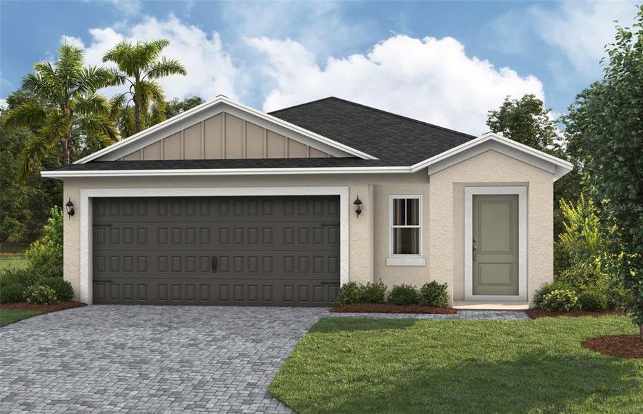 Front exterior of a new home in Pasadena Ridge, Zephyrhills, FL, highlighting curb appeal (Image 1).