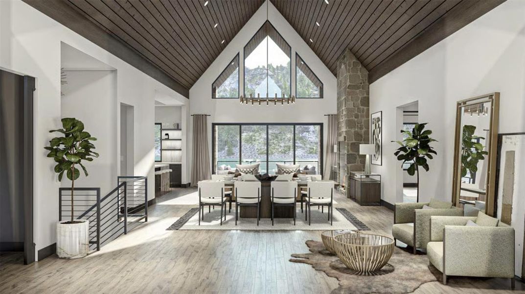 Community lobby with high vaulted ceiling and wood ceiling Community lobby with high vaulted ceiling and wood ceiling