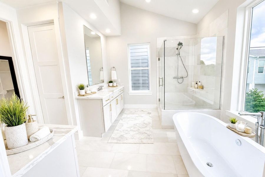 Gorgeous, Well Designed Primary Bathroom - Separate Wall Vanities - Free Standing Tub - Frameless Shower (Picture was virtually enhanced/staged) Gorgeous, Well Designed Primary Bathroom - Separate Wall Vanities - Free Standing Tub - Frameless Shower (Picture was virtually enhanced/staged)