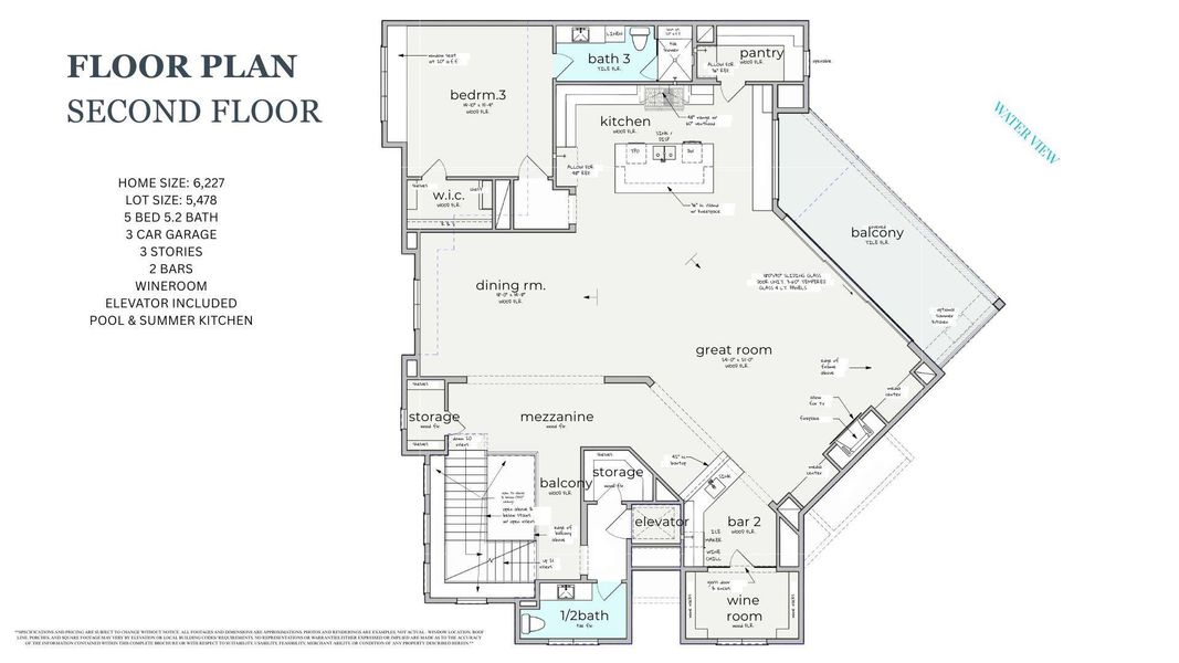 Second Floor, lead up by floating stairs, welcomes you to the Open Concept Dining Room, Living Room, Chef's Kitchen, Butlers Pantry, Bar, Temperature Controlled Wine Room, Powder Bath, and one Bedroom. Don't miss the expansive Lake View from the Balcony!