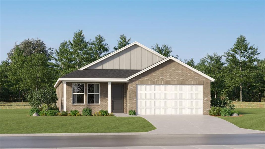 View of front of house featuring a front yard, board and batten siding, brick siding, and driveway