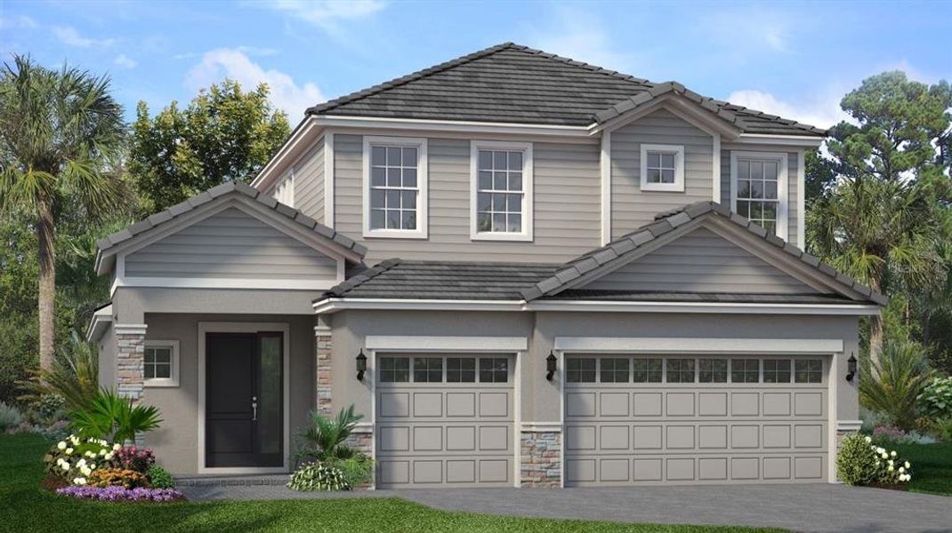 Front exterior of a new home in Tamarack at Two Rivers, Zephyrhills, FL, highlighting curb appeal (Image 1).