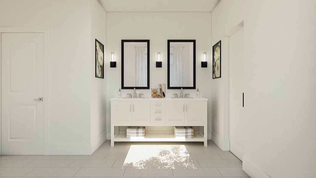 Primary bath with freestanding vanity
