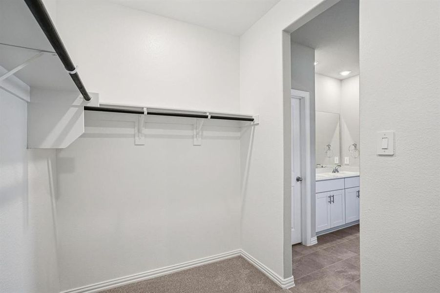 Walk in closet featuring light carpet