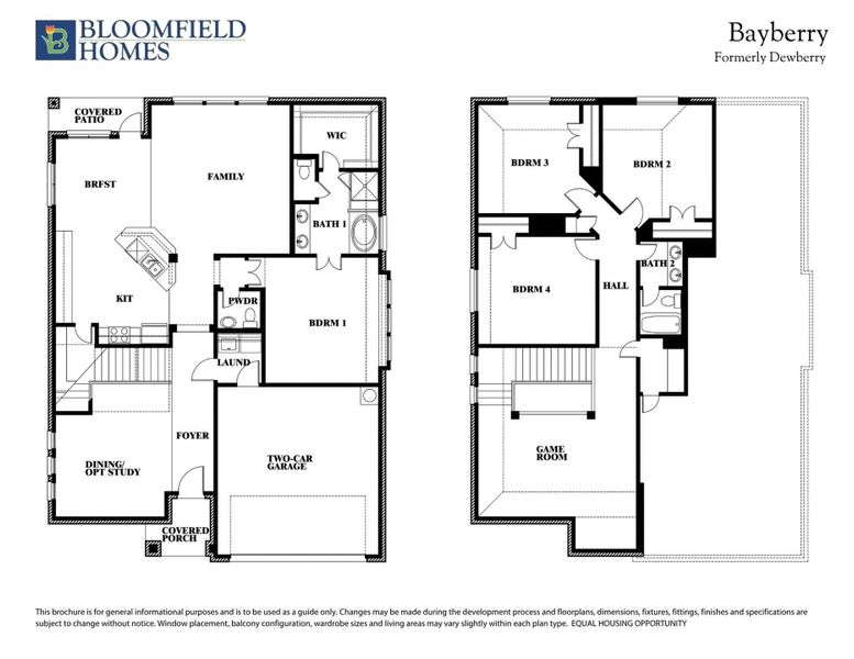 Bloomfield Homes Bayberry two-story floor plan with four bedrooms, game room, and two-car garage on both floors. Bloomfield Homes Bayberry two-story floor plan with four bedrooms, game room, and two-car garage on both floors.