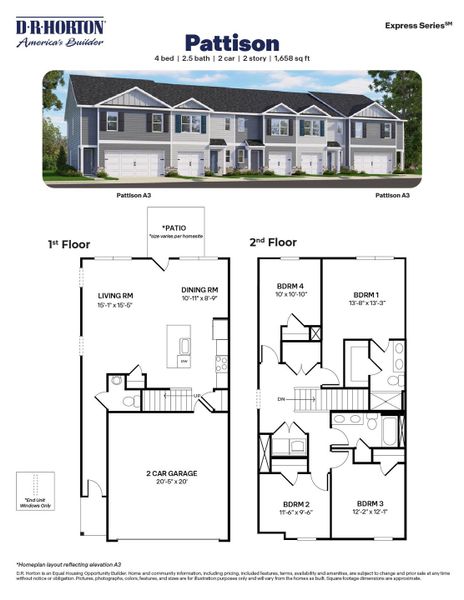 2D floor plan layout for the Pattison by D.R. Horton in The Townes at Matthews Landing, Fuquay Varina, NC (Image 3).