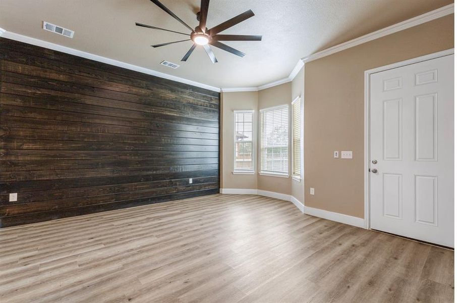 Bespoke real wood accent wall adds elegance