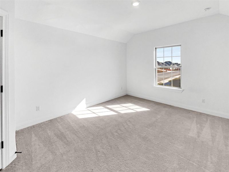 Unfurnished room with baseboards, lofted ceiling, and carpet