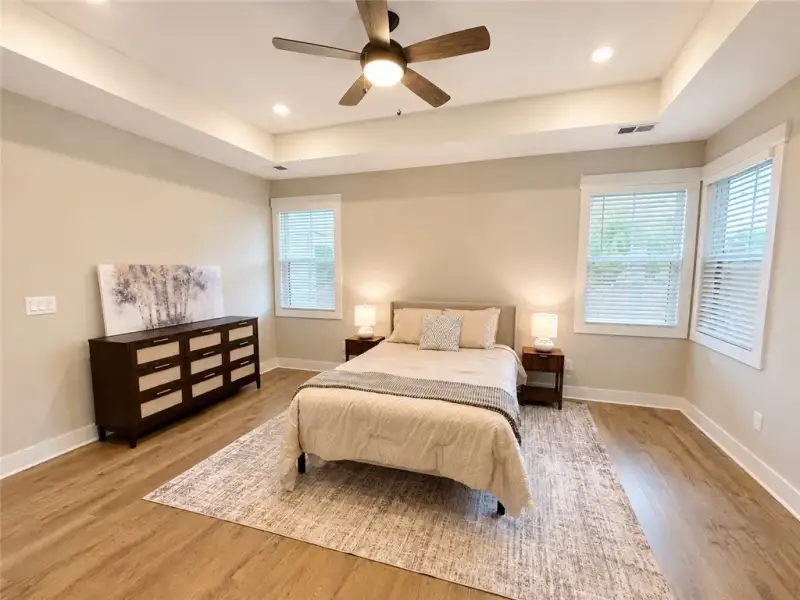 A tranquil bedroom features a tray ceiling with re