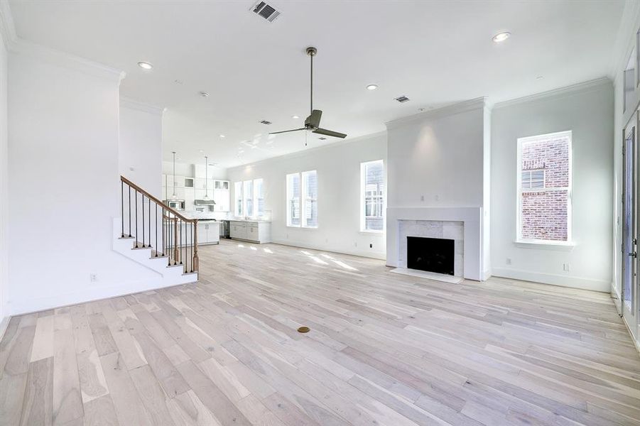 Spacious living area with gas log fireplace