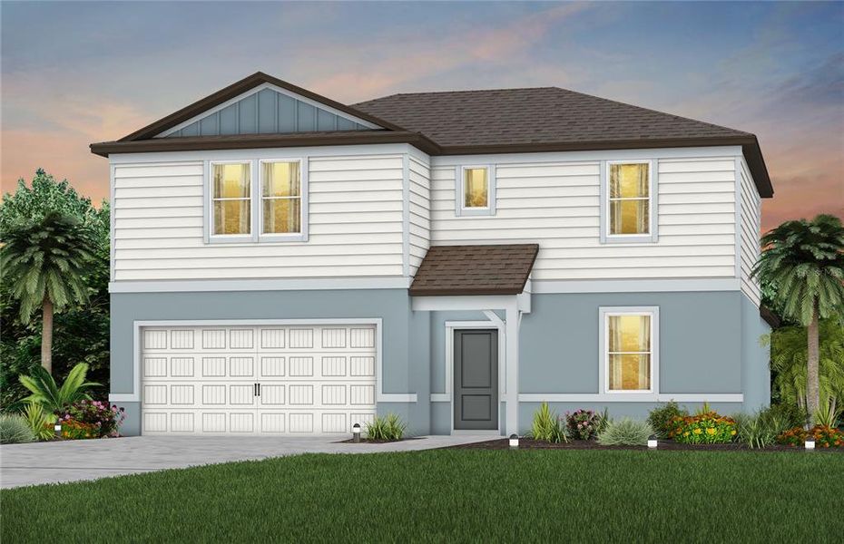 Front exterior of a new home in Oakfield Lakes, Parrish, FL, highlighting curb appeal (Image 1).