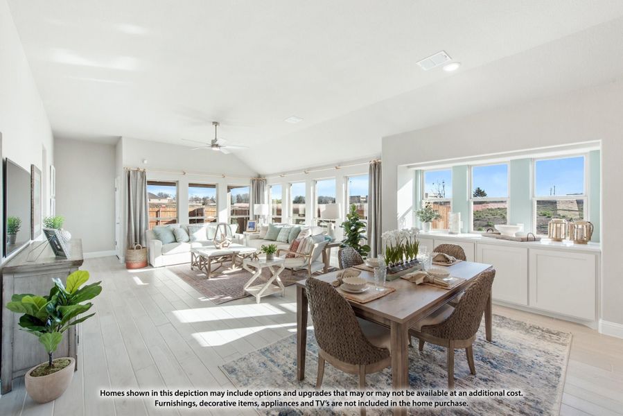 Open-plan living and dining area with light wood floors, ceiling fan, and large windows Open-plan living and dining area with light wood floors, ceiling fan, and large windows
