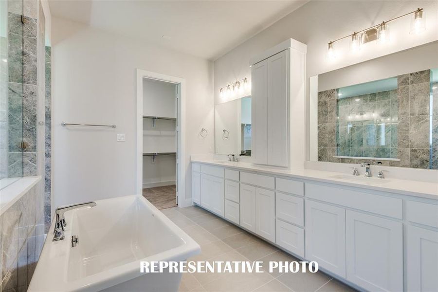 Featuring a freestanding tub, delightful walk in shower and his & her vanities, there is plenty of room for 2 in this lovely owner's bath.  REPRESENTATIVE PHOTO.