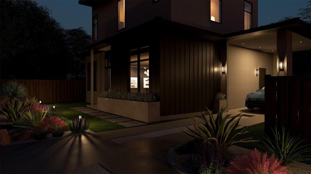Property exterior at twilight featuring stucco siding