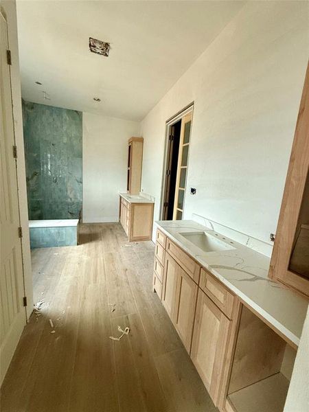 Bathroom featuring wood-type flooring and vanity