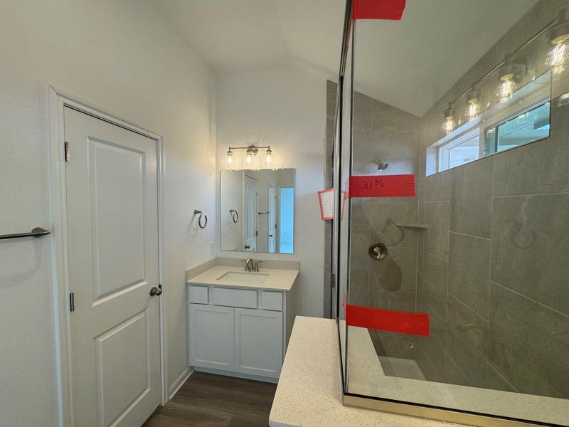 Full bathroom featuring a shower stall, dark wood-type flooring, vaulted ceiling, and vanity