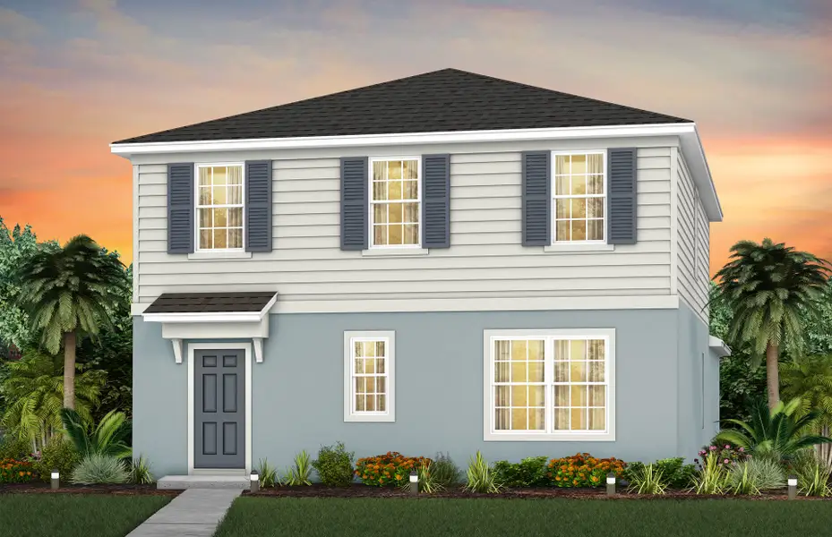 Front exterior of a new home in EverBe, Orlando, FL, highlighting curb appeal (Image 1). Front exterior of a new home in EverBe, Orlando, FL, highlighting curb appeal (Image 1).