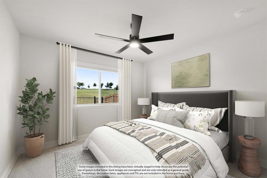 Bedroom with gray upholstered headboard, ceiling fan, and window with white curtains Bedroom with gray upholstered headboard, ceiling fan, and window with white curtains