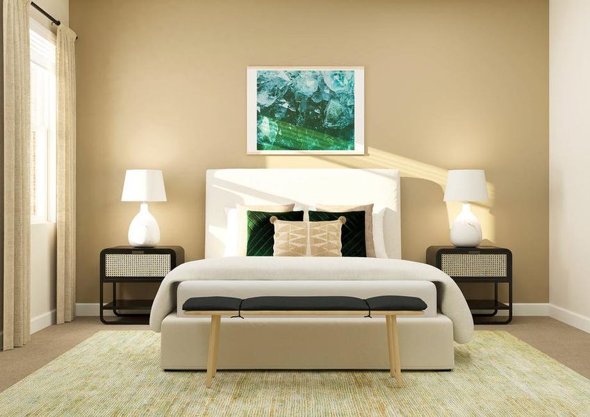 Rendering of a secondary bedroom
  featuring large furniture and modern décor with plush carpet flooring
  throughout.