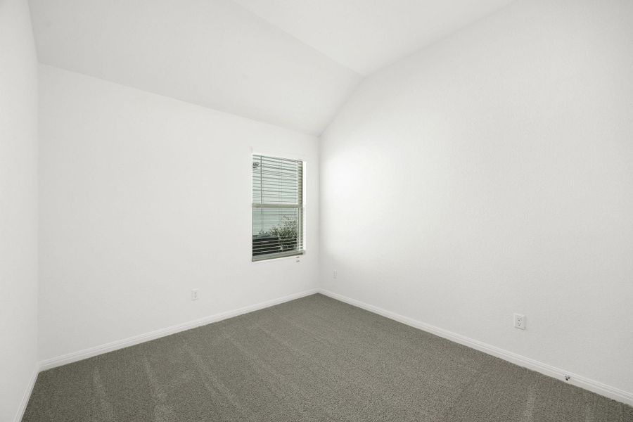 Spare room with dark carpet and vaulted ceiling