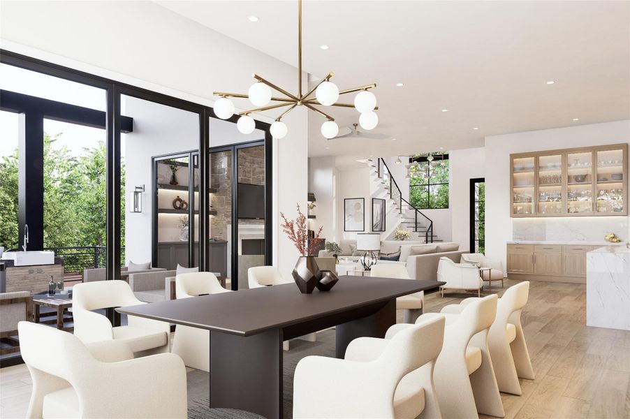 With clean lines and a sophisticated palette, this open-plan layout presents a beautifully styled dining and living space. Sculptural lighting draws the eye upward, while seamless transitions between rooms highlight a layout ideal for entertaining. Natural materials and curated details offer a glimpse into refined yet livable design.